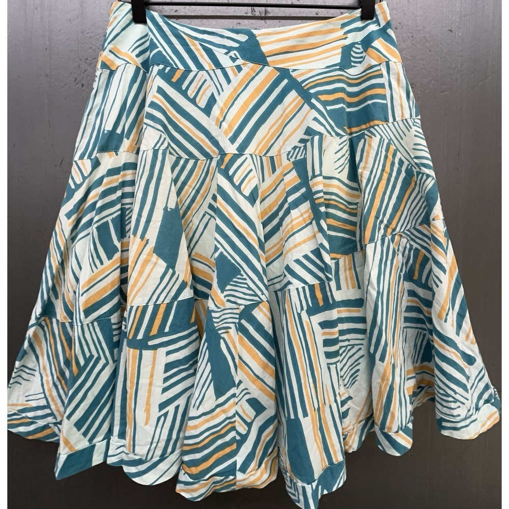 Anthropologie Odille Skirt 8 Teal Orange White Geo Flare Cotton Preppy Boho
